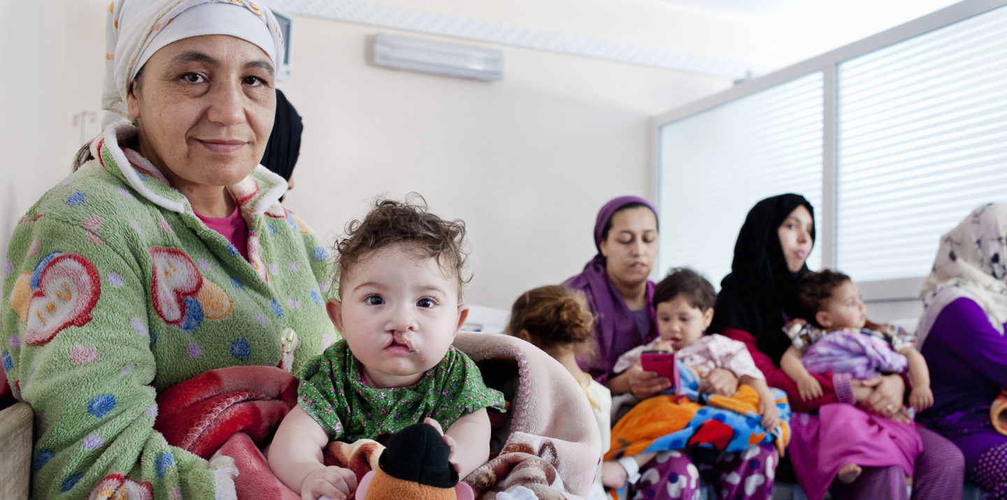 Patients wait in line during screening day in Marrakech.